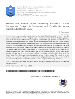 External and Internal Factors Influencing University Transfer Students and College Life Satisfaction, with Consideration of the Population Problem in Japan