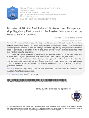 Formation of Effective Model of small Businesses and Entrepreneurshipa Regulatory Environment in the Russian Federation under the WEC and the USA Sanctions