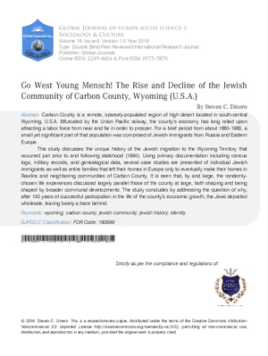 Go West Young Mensch!  The Rise and Decline of the Jewish Community of Carbon County, Wyoming (U.S.A.)
