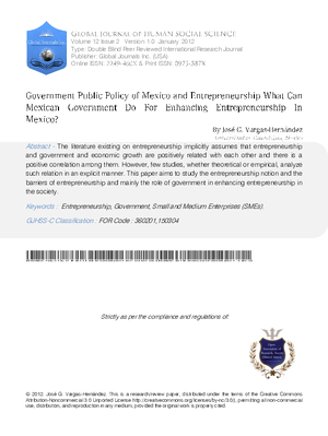 Government Public Policy of Mexico and Entrepreneurship What Can Mexican Government Do for Enhancing Entrepreneurship in Mexico?