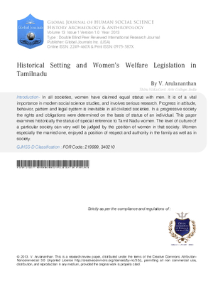 Historical Setting and Womenas Welfare Legislation in Tamilnadu