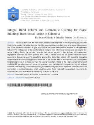 Integral Rural Reform and Democratic Opening for Peace Building:  Transitional Justice in Colombia