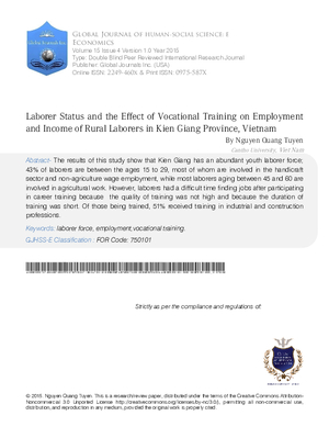 Laborer Status and the Effect of Vocational Training on Employment and Income of Rural Laborers  in Kien Giang Province, Vietnam