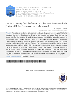 Learners Learning Style Preferences and Teachers Awareness in the Context of Higher Secondary Level in Bangladesh