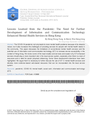 Lessons Learned from the Pandemic: The Need for Further Development of Information and Communication Technology Enhanced Mental Health Services in Hong Kong