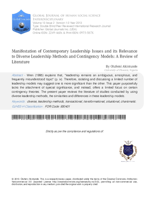 Manifestation of Contemporary Leadership Issues and its Relevance to Diverse Leadership Methods and Contingency Models: A Review of Literature