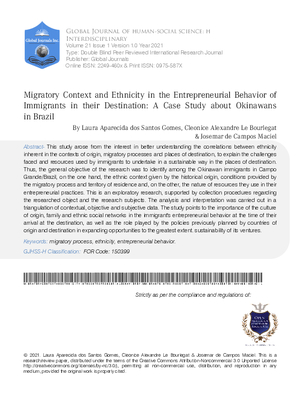 Migratory Context and Ethnicity in the Entrepreneurial Behavior of Immigrants in their Destination: A Case Study about Okinawans in Brazil