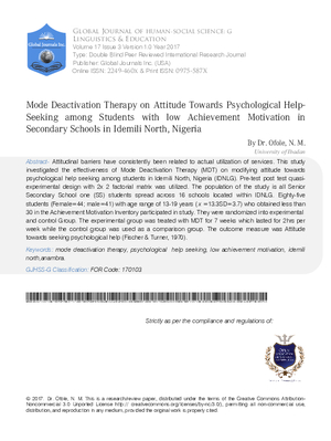 Mode Deactivation Therapy on Attitude towards Psychological help-seeking among Students with Low Achievement Motivation in Secondary Schools in Idemili North, Nigeria
