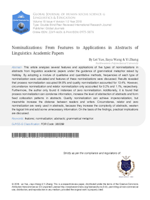 Nominalizations: from Features to Applications in Abstracts of  Linguistics Academic Papers
