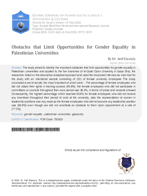 Obstacles that Limit Opportunities for Gender Equality in Palestinian Universities