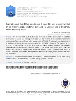 Perceptions of Rural Communities on Ownership and Management of Rural Water Supply Systems (RWSSS) in Lesotho and a Summary Recommendary View