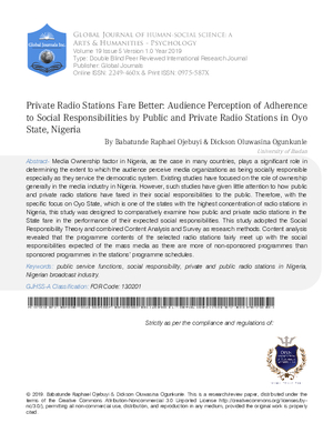 Private Radio Stations Fare Better: Audience Perception of Adherence to Social Responsibilities by Public and Private Radio Stations in Oyo State, Nigeria
