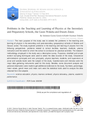 Problems in the Teaching and Learning of Physics at the Secondary and Preparatory Schools, the Cases Wolaita and Dwuro Zones