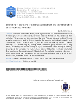 Promotion of Teacher’s Wellbeing: Development and Implementation of a Continuous Formation