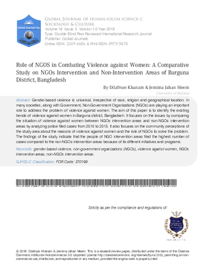 Role of NGOs in Combating Violence against Women: A Comparative Study on NGOs Intervention and Non-Intervention Areas of Barguna District, Bangladesh