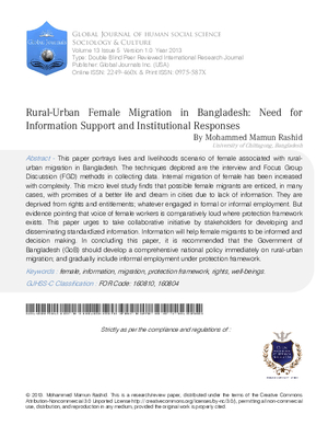 Rural-Urban Female Migration in Bangladesh: Need for Information Support and Institutional Responses