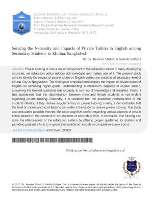 Sensing the Necessity and Impacts of Private Tuition in English among Secondary Students in Khulna, Bangladesh