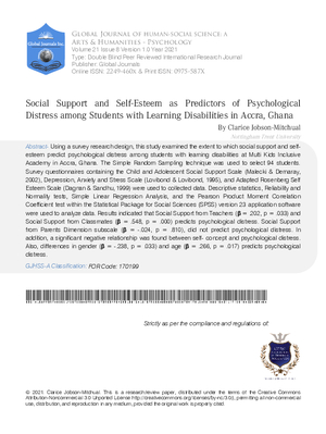 Social Support and Self-Esteem as Predictors of Psychological Distress among Students with Learning Disabilities in Accra, Ghana
