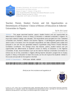 Teacher, Parent, Student Factors and Job Opportunities As Determinants Of Studentsa Choice Of History Of Education In Selected Universities In Nigeria