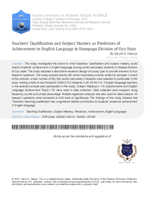 Teachersa Qualification And Subject Mastery As Predictors Of Achievement In English Language In Ibarapapa Division Of Oyo State