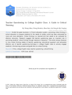 Teacher Questioning in College English Class: A Guide to Critical Thinking