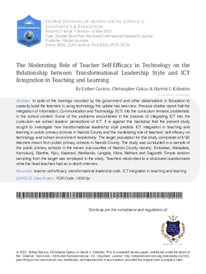 The Moderating Role of Teacher Self-Efficacy in Technology on the Relationship between Transformational Leadership Style and ICT  Integration in Teaching and Learning
