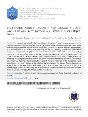 The Polyvalent Nature of Proverbs in Akan Language: A Case of Ahwia Nsensanso in the Kwabere East District of Ashanti Region, Ghana