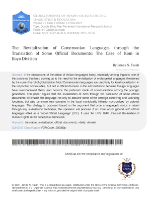 The Revitalization of Cameroonian Languages through the Translation of Some Official Documents: The Case of Kom in Boyo Division