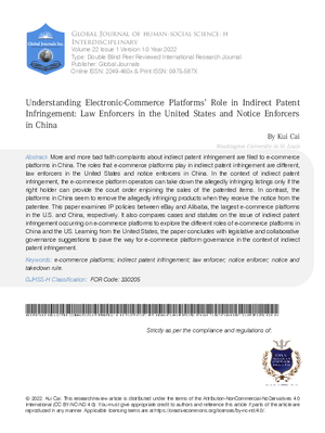 Understanding Electronic-commerce platforms’ Role in Indirect Patent Infringement: Law Enforcers in the United States and Notice Enforcers in China