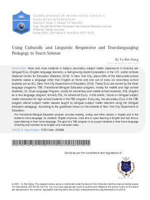 Using Culturally and Linguistic Responsive and Translanguaging Pedagogy to Teach Science