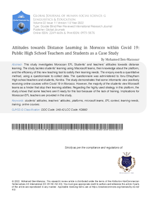 Attitudes towards distance Learning in Morocco within Covid 19: Public High School Teachers and Students as a Case Study