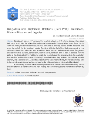 Bangladesh-India Diplomatic Relations (1975-1996): Transitions, Bilateral Disputes and Legacies