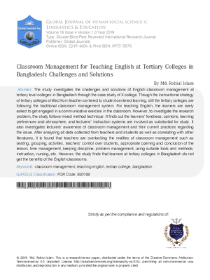 Classroom Management for Teaching English at Tertiary Colleges in Bangladesh: Challenges and Solutions