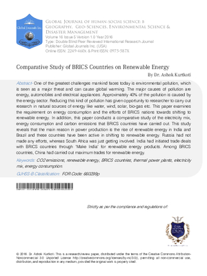 Comparative Study of BRICS Countries on Renewable Energy