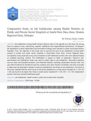 Comparative Study on Job Satisfaction among Health Workers in Public and Private Sector Hospitals at South-West Shoa Zone, Oromia Regional State, Ethiopia