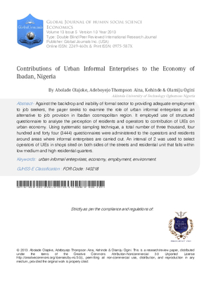Contributions of Urban Informal Enterprises to the Economy of Ibadan, Nigeria
