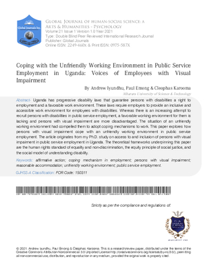 Coping with the Unfriendly Working Environment in Public Service Employment in Uganda: Voices of Employees with Visual Impairment