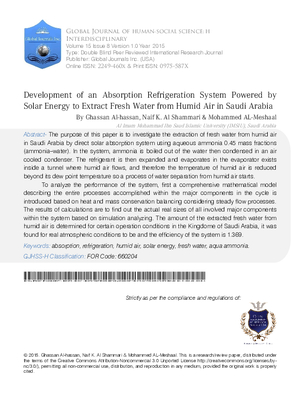 Development of an Absorption Refrigeration System Powered by Solar Energy to Extract Fresh Water from Humid Air in Saudi Arabia