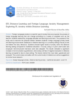EFL Distance Learning and Foreign Language Anxiety Management:  Exploring FL Anxiety Within Distance Learning