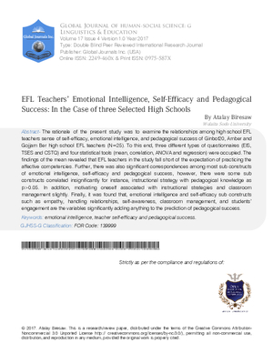 EFL Teachersa Emotional Intelligence, Self-Efficacy and Pedagogical Success: In the Case of three Selected High Schools
