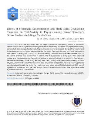 Effects of Systematic Desensitization and Study Skills Counselling Therapies on Test-Anxiety in Physics Among Senior Secondary School Students in Jalingo, Taraba State