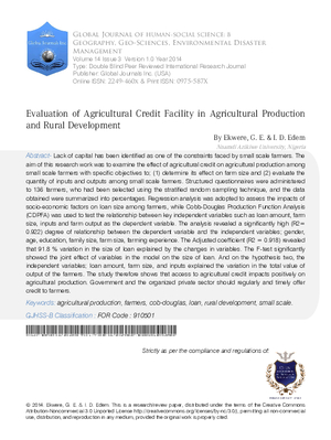 Evaluation of Agricultural Credit Facility in Agricultural Production and Rural Development