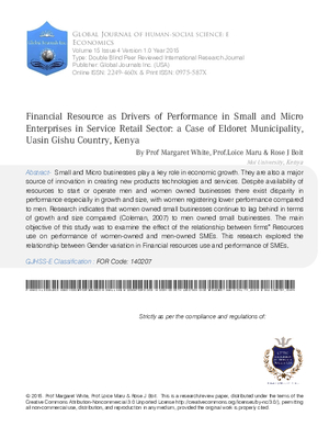 Financial Resource as Drivers of Performance in Small and Micro Enterprises in Service Retail Sector: A Case of Eldoret Municipality,Uasin Gishu County,Kenya.