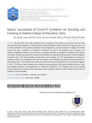 Impact Assessment of Covid-19 Lockdown on Teaching and Learning in Federal College of  Education, Zaria