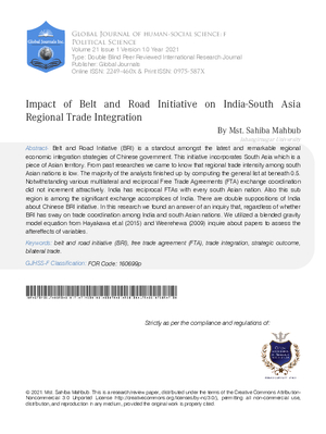 Impact of Belt and Road Initiative on India-south Asia Regional  Trade Integration