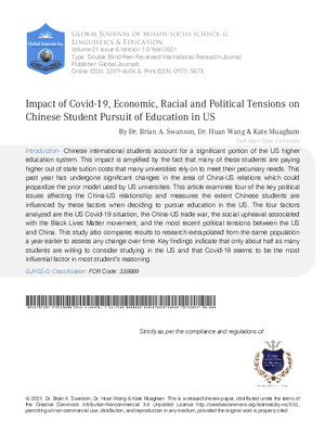 Impact of Covid-19, Economic, Racial and Political Tensions on Chinese Student Pursuit of Education in US