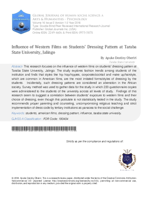 Influence of Western Films on Studentsa Dressing Pattern at Taraba State University, Jalingo