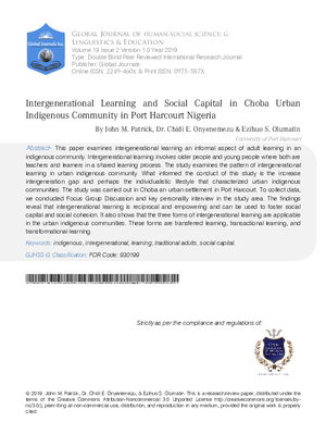 Intergenerational Learning and Social Capital in Choba Urban Indigenous Community in Port Harcourt Nigeria