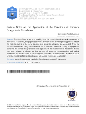 Lecture Notes on the Application of the Functions of Semantic Categories in Translation