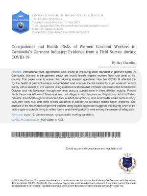 Occupational and Health Risks of Women Garment Workers in Cambodia’s Garment Industry: Evidence from a Field Survey during COVID-19